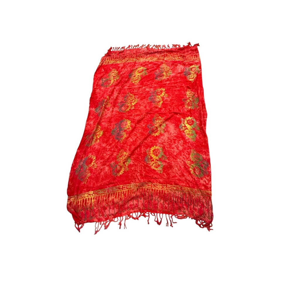 Tropical Pleasures Red Batik Floral Rayon Sarong Wrap Beach Cover Up Indonesia